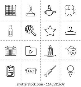 Set of 16 single outline icons such as wheelbarrow, spherical bearing, user search, screwdriver, star, construction, movie camera, video camera, media folder, crane, calendar