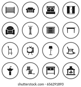 Set Of 16 Situation Icons Set.Collection Of Bedside Table, Desk, Couch And Other Elements.