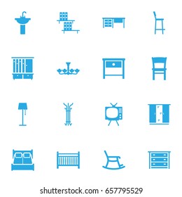 Set Of 16 Situation Icons Set.Collection Of Commode, Bookcase, Stool And Other Elements.