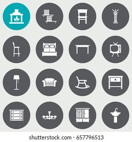 Set Of 16 Situation Icons Set.Collection Of Commode, Bookcase, Television And Other Elements.