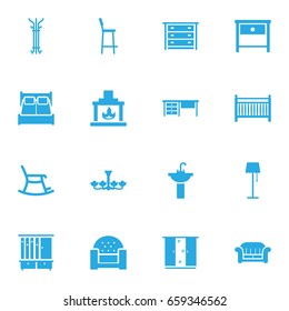 Set Of 16 Situation Icons Set.Collection Of Coat Stand, Rocking Furniture, Commode Elements.