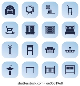 Set Of 16 Situation Icons Set.Collection Of Sofa, Chair, Bookcase And Other Elements.