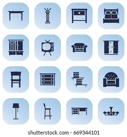 Set Of 16 Situation Icons Set.Collection Of Wardrobe, Stool, Couch And Other Elements.