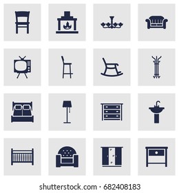 Set Of 16 Situation Icons Set.Collection Of Luster, Couch, Chimney And Other Elements.