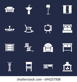 Set Of 16 Situation Icons Set.Collection Of Stool, Worktop, Couch And Other Elements.