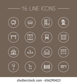Set Of 16 Situation Outline Icons Set.Collection Of Chair, Chandelier, Drawer Unit Elements.