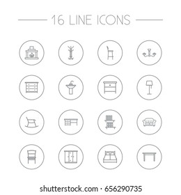 Set Of 16 Situation Outline Icons Set.Collection Of Closet, Table, Bar Stool And Other Elements.