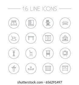 Set Of 16 Situation Outline Icons Set.Collection Of Bar Stool, Closet, Bookshelf And Other Elements.