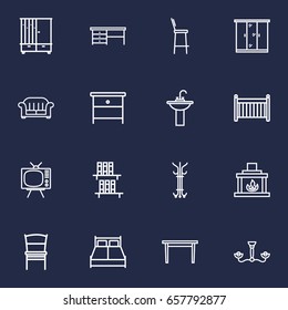 Set Of 16 Situation Outline Icons Set.Collection Of Hall Tree, Chandelier, Nightstand Elements.
