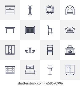 Set Of 16 Situation Outline Icons Set.Collection Of Hanger, Crib, Fireplace And Other Elements.