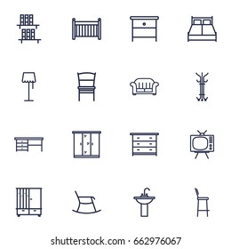 Set Of 16 Situation Outline Icons Set.Collection Of Washbasin, Nightstand, Hall Tree Elements.