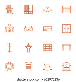 Set Of 16 Situation Outline Icons Set.Collection Of Washbasin, Hanger, Chandelier Elements.