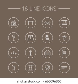 Set Of 16 Situation Outline Icons Set.Collection Of Tv Set, Fireplace, Drawer Unit And Other Elements.