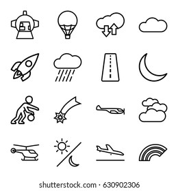set of 16 sky outline icons such as runway, plane landing, cloudy weather, helicopter, rain, luggage compartment in airplane, crescent, cloud, rocket