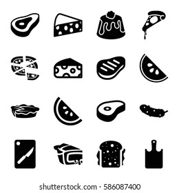 Set of 16 slice filled icons such as beef, cheese, pizza, cucumber, sandwich, pie, chopping board and knife, chopping board