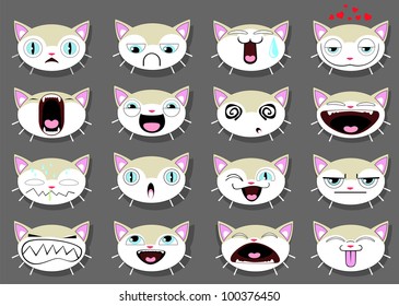 Set of 16 smiley kitten faces. all grouped