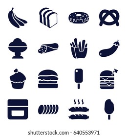 set of 16 snack filled icons such as cream, wrap sandwich, french fries, donut, bread slices, double burger with flag, aubergine, muffin, sausage, cookie