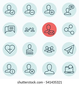 Set Of 16 Social Icons. Includes Remove User, Mail Notification, Favorite Person And Other Symbols. Beautiful Design Elements.