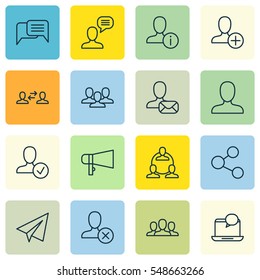 Set Of 16 Social Icons. Includes Confirm Profile, Society, Teamwork And Other Symbols. Beautiful Design Elements.