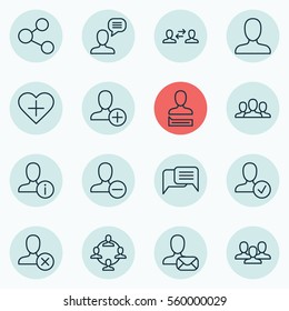 Set Of 16 Social Icons. Includes Talking Person, Profile Data, Business Exchange And Other Symbols. Beautiful Design Elements.