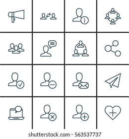Set Of 16 Social Icons. Includes Mail Notification, Remove User, Bullhorn And Other Symbols. Beautiful Design Elements.