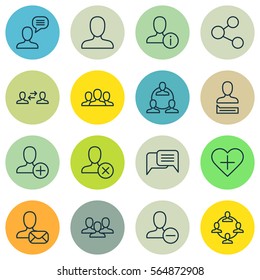Set Of 16 Social Icons. Includes Chatting Person, Profile Data, Ban Person And Other Symbols. Beautiful Design Elements.