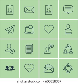 Set Of 16 Social Icons. Includes Chatting Person, Unfollow Icon, Team Organisation And Other Symbols. Beautiful Design Elements.