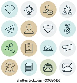 Set Of 16 Social Icons. Includes Medal, Publication, Speaking People And Other Symbols. Beautiful Design Elements.