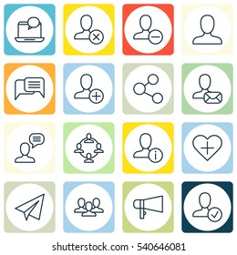 Set Of 16 Social Network Icons. Includes Talking Person, Favorite Person, Remove User And Other Symbols. Beautiful Design Elements.
