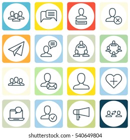 Set Of 16 Social Network Icons. Includes Society, Talking Person, Teamwork And Other Symbols. Beautiful Design Elements.