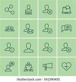 Set Of 16 Social Network Icons. Includes Mail Notification, Profile Data, Bullhorn And Other Symbols. Beautiful Design Elements.