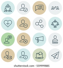 Set Of 16 Social Network Icons. Includes Favorite Person, Business Exchange, Online Chatting And Other Symbols. Beautiful Design Elements.