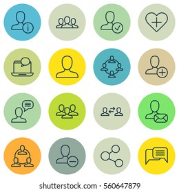Set Of 16 Social Network Icons. Includes Favorite Person, Teamwork, Remove User And Other Symbols. Beautiful Design Elements.