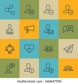 Set Of 16 Social Network Icons. Includes Confirm Profile, Bullhorn, Online Chatting And Other Symbols. Beautiful Design Elements.