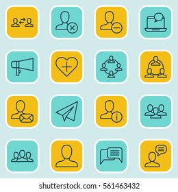 Set Of 16 Social Network Icons. Includes Remove User, Bullhorn, Ban Person And Other Symbols. Beautiful Design Elements.