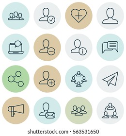 Set Of 16 Social Network Icons. Includes Confirm Profile, Online Chatting, Publication And Other Symbols. Beautiful Design Elements.