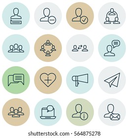 Set Of 16 Social Network Icons. Includes Teamwork, Startup, Team Organisation And Other Social Network Icons Symbols. Beautiful New Online Account Design Elements.