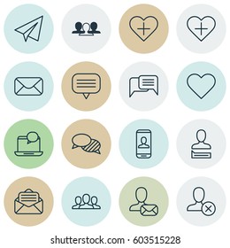 Set Of 16 Social Network Icons. Includes Text Bubble, Group, Favorite Person And Other Symbols. Beautiful Design Elements.