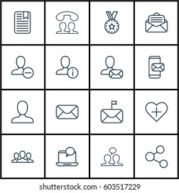 Set Of 16 Social Network Icons. Includes Phone Messaging, Publication, Read Message And Other Symbols. Beautiful Design Elements.
