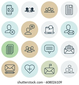 Set Of 16 Social Network Icons. Includes Ban Person, Significant Letter, Edit Mail And Other Symbols. Beautiful Design Elements.