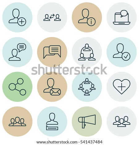 Set Of 16 Social Network Icons. Includes Teamwork, Business Exchange, Team Organisation And Other Info Sharing Network Icons Symbols. Beautiful Design Elements.