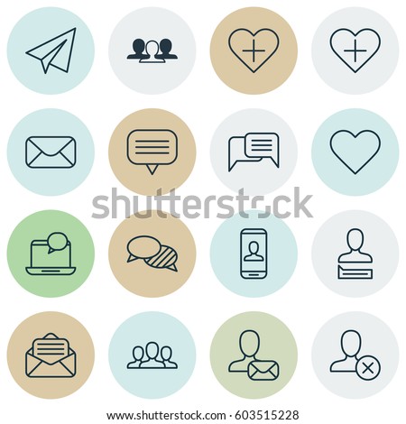 Set Of 16 Social Network Icons. Includes Text Bubble, Group, Favorite Person And Other Symbols. Beautiful Design Elements.