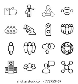 Set of 16 social outline icons such as businessman, chatting man, group, user, hospital, share, atom interaction, heart tag, network connection, download cloud, connection