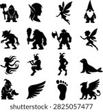 A set of 16 solid black fantasy icons, featuring dwarves, elves, fairies, trolls, mermaids, and unicorns. Perfect for storytelling and games.