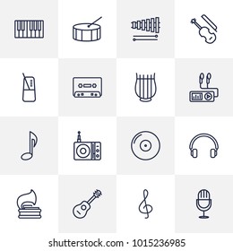 Set of 16 song icons line style set. Collection of amplifier, station, gramophone and other elements.