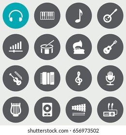 Set Of 16 Song Icons Set.Collection Of Audio Device, Octave Keyboard, Turntable And Other Elements.