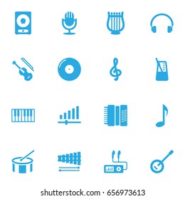 Set Of 16 Song Icons Set.Collection Of Banjo, Knob, Audio Device And Other Elements.