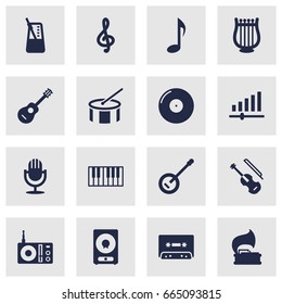 Set Of 16 Song Icons Set.Collection Of Turntable, Fiddle, Tone Symbol And Other Elements.