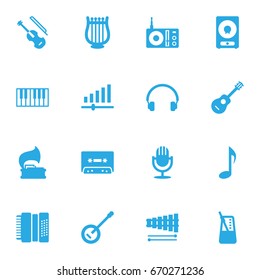 Set Of 16 Song Icons Set.Collection Of Fiddle, Earphones, Knob And Other Elements.