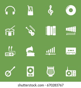 Set Of 16 Song Icons Set.Collection Of Earphones, Amplifier, Banjo And Other Elements.